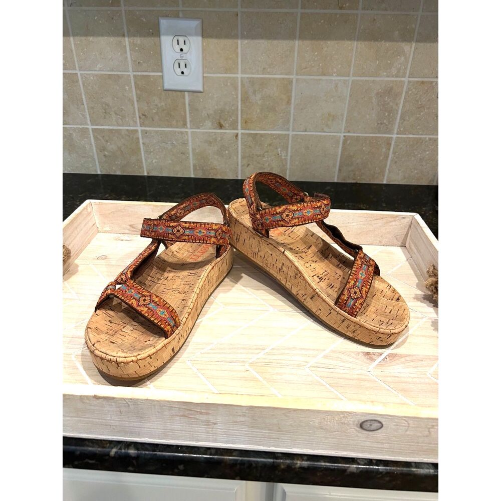 Born Sirena Sandals Orange Geometric Woven Straps Cork Footbed Womens Sz 8